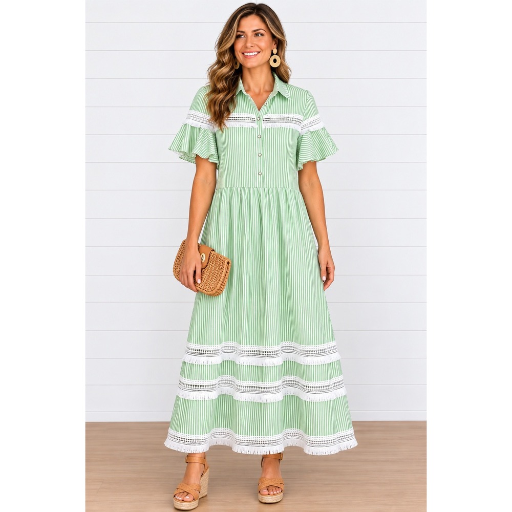 Lela Rose Tuckernuck Green White Silk Cotton Midi/Maxi Dress (MSRP: $895) US 14
